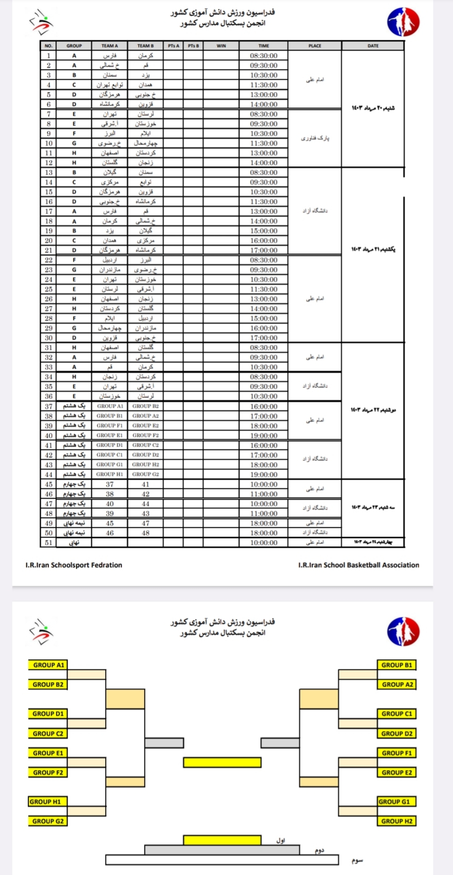 جدول مسابقات بسکتبال دانش آموزان کشور